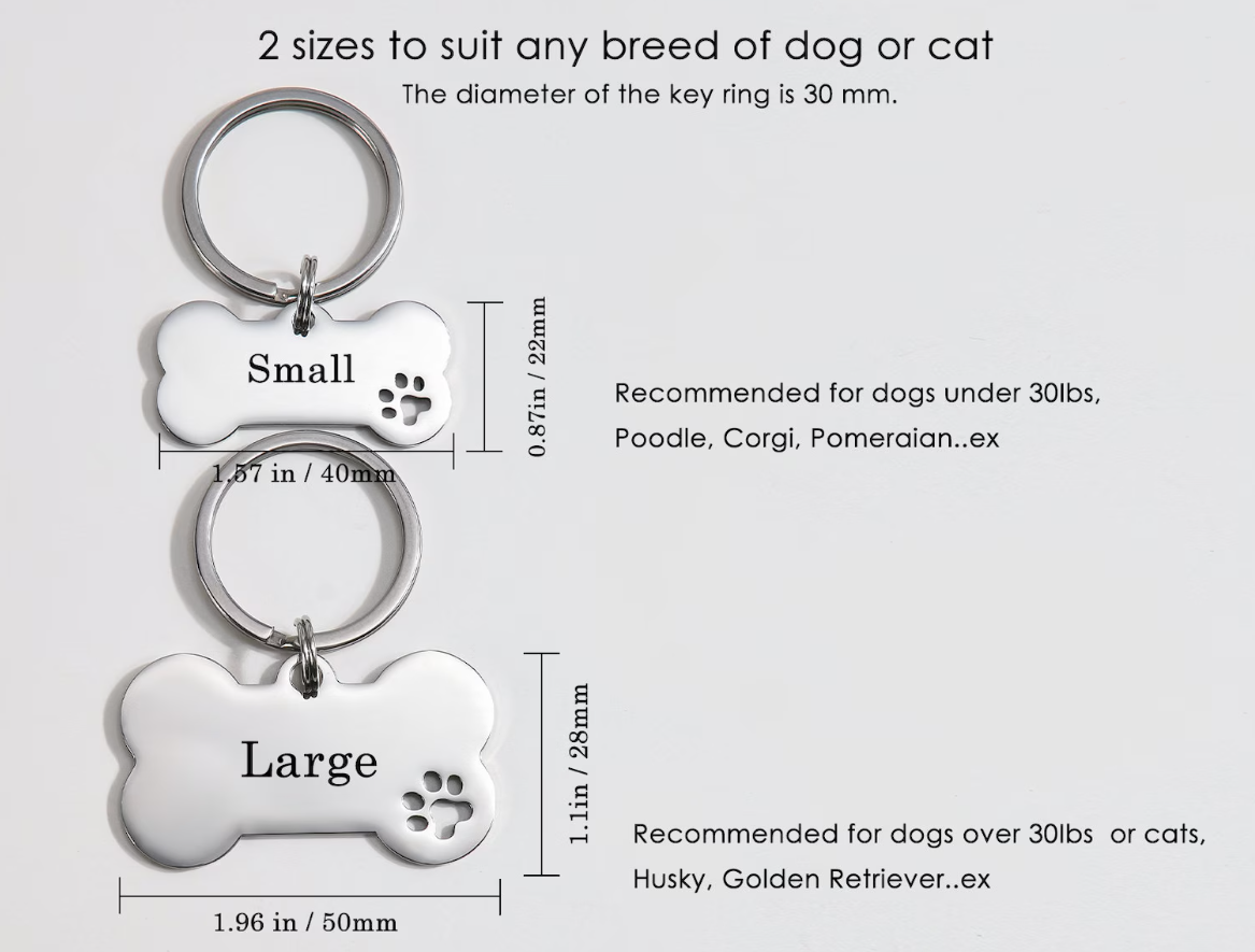Small and large pet tag size guide